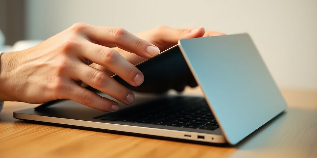 Person closing a laptop screen.