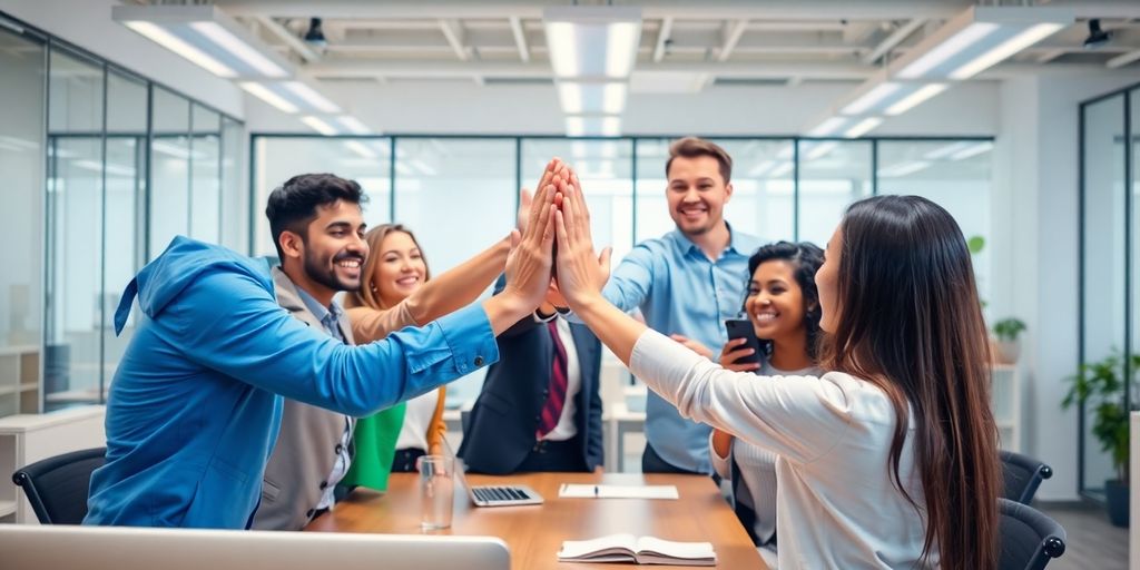 Professionals high-fiving in a vibrant office environment.