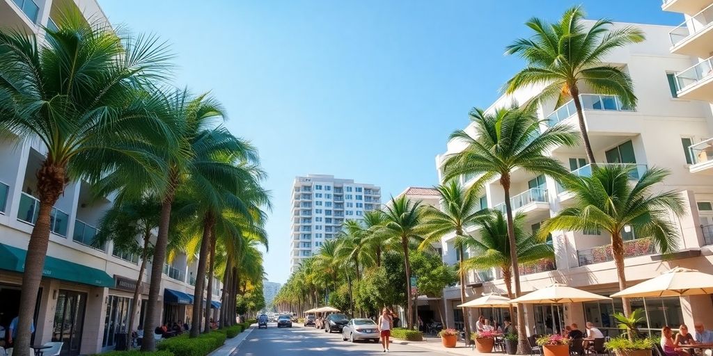 Vibrant street scene in Aventura, Florida with palm trees.