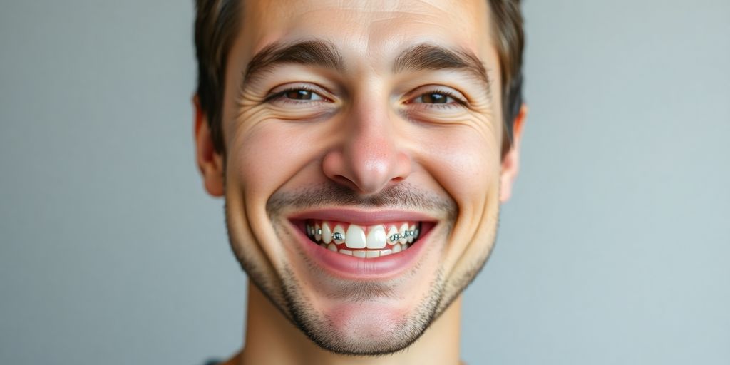 Adult smiling, showing discreet braces.