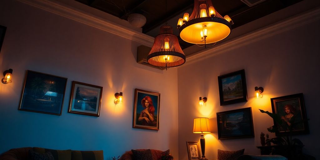 Elegant room with warm lighting and vibrant artwork.