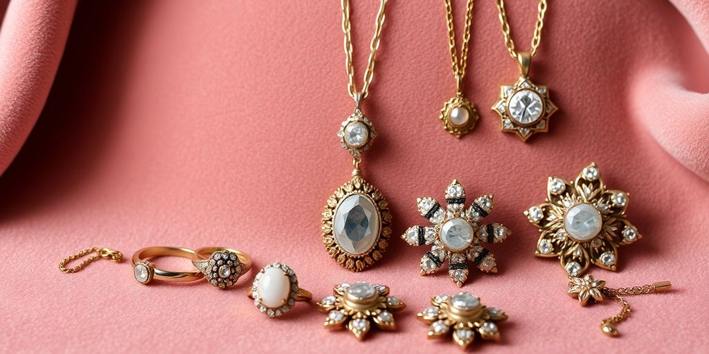 Bijoux hérités étalés sur un fond en velours.