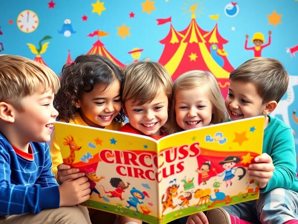 Copii citind o carte despre circ, plini de bucurie.