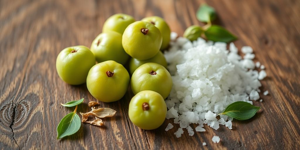 Fresh monk fruit, stevia leaves, and natural sweeteners on wood.
