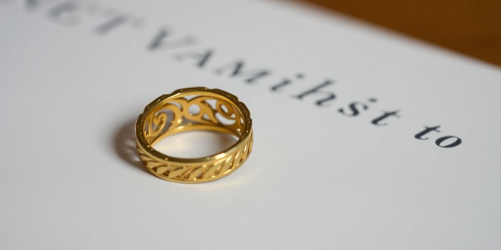 Une bague en or d'occasion posée sur un certificat.