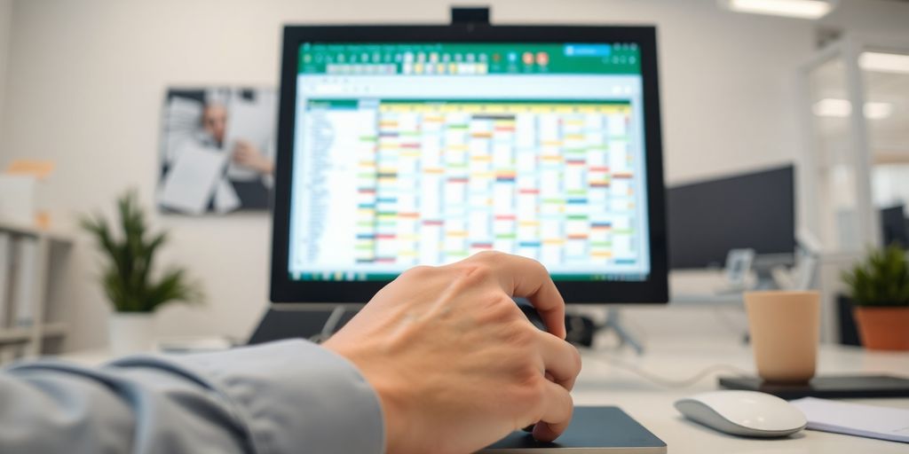A close-up of a hand navigating a spreadsheet on a computer screen.