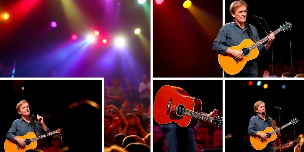 James Taylor performing live with a guitar and audience.
