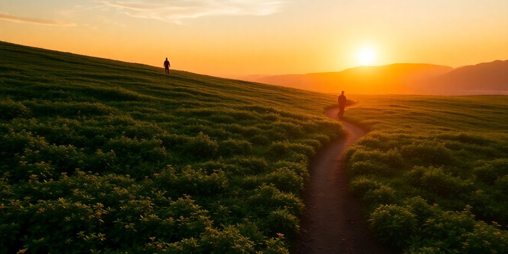 A person walking on a winding path in nature.