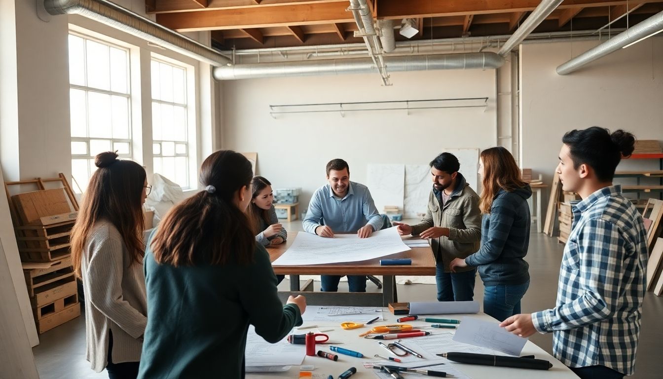 Group of people collaborating in a bright workspace.