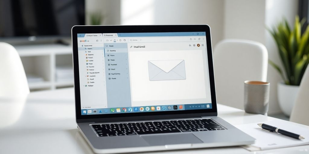 Ambiente de trabalho com email aberto e utensílios.