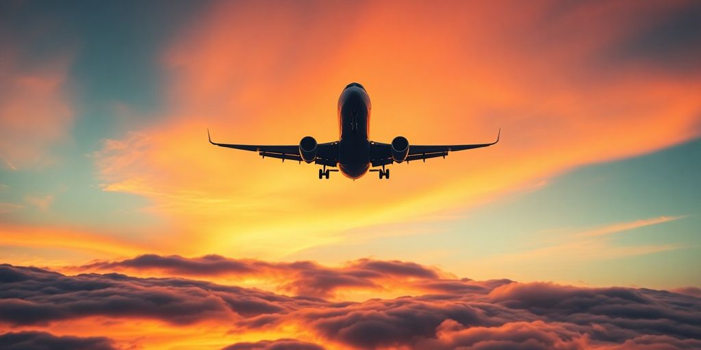 Avião decolando sobre nuvens ao pôr do sol.