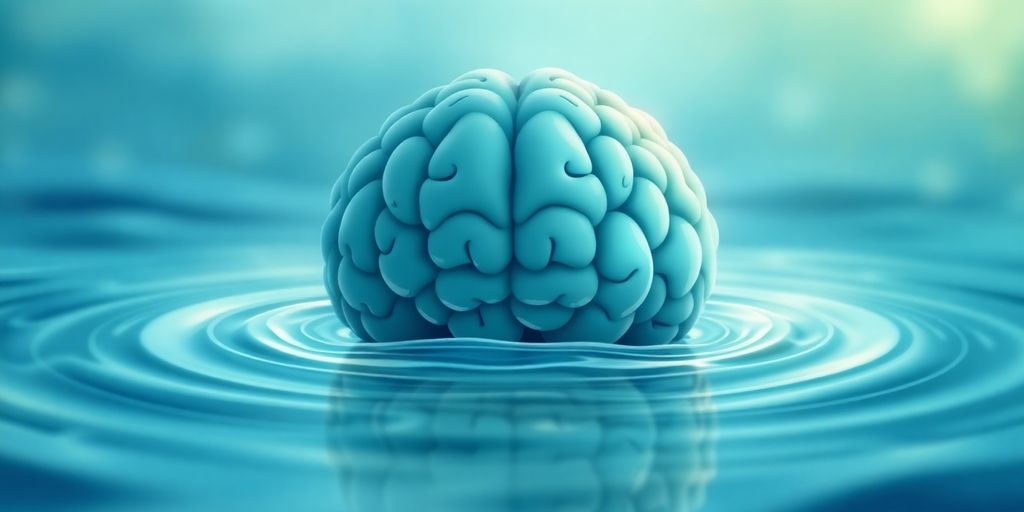 Brain illustration with calming waves in soft colors.
