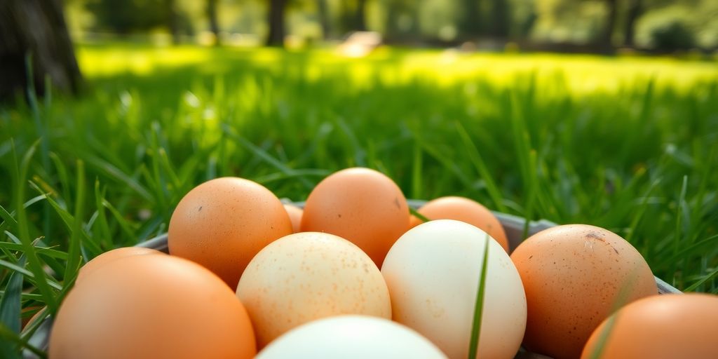 Pasture-raised eggs in a natural, green environment.
