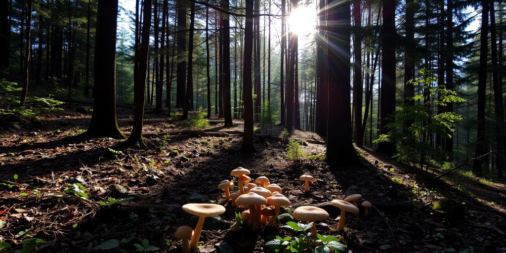 Forest floor with mushrooms and sunlight filtering through trees