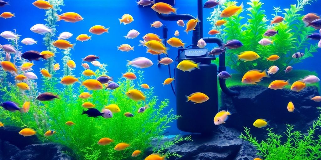 Colorful fish in a well-maintained aquarium with filter.
