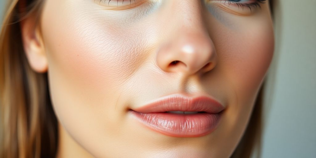 Visage femme, peau éclatante, maquillage subtil