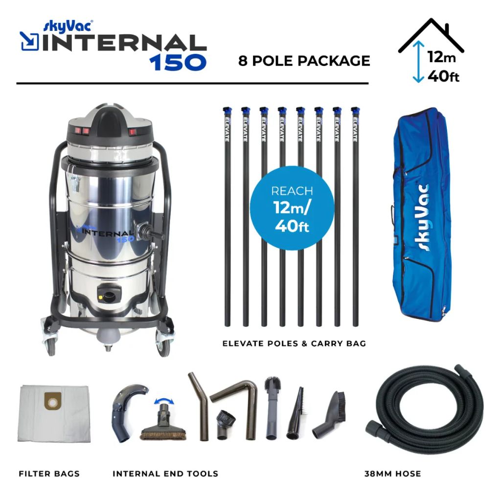 Image shows a vacuum system with poles, tools, and accessories.