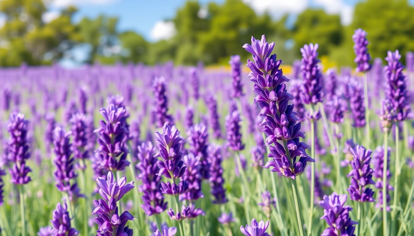 Lavender field with purple flowers and blue sky