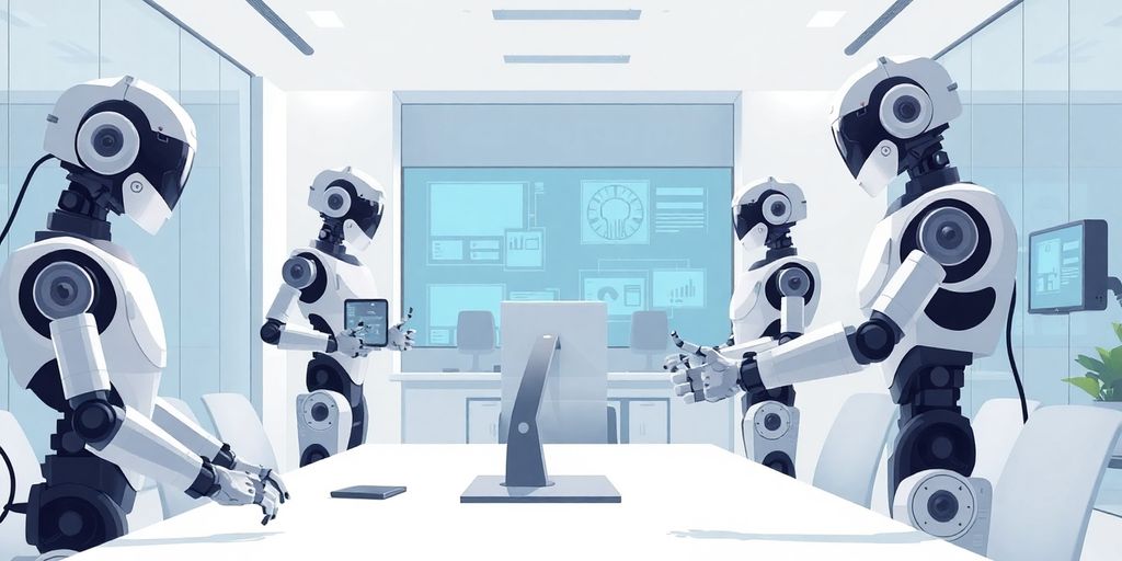 Robots working collaboratively in a futuristic office.