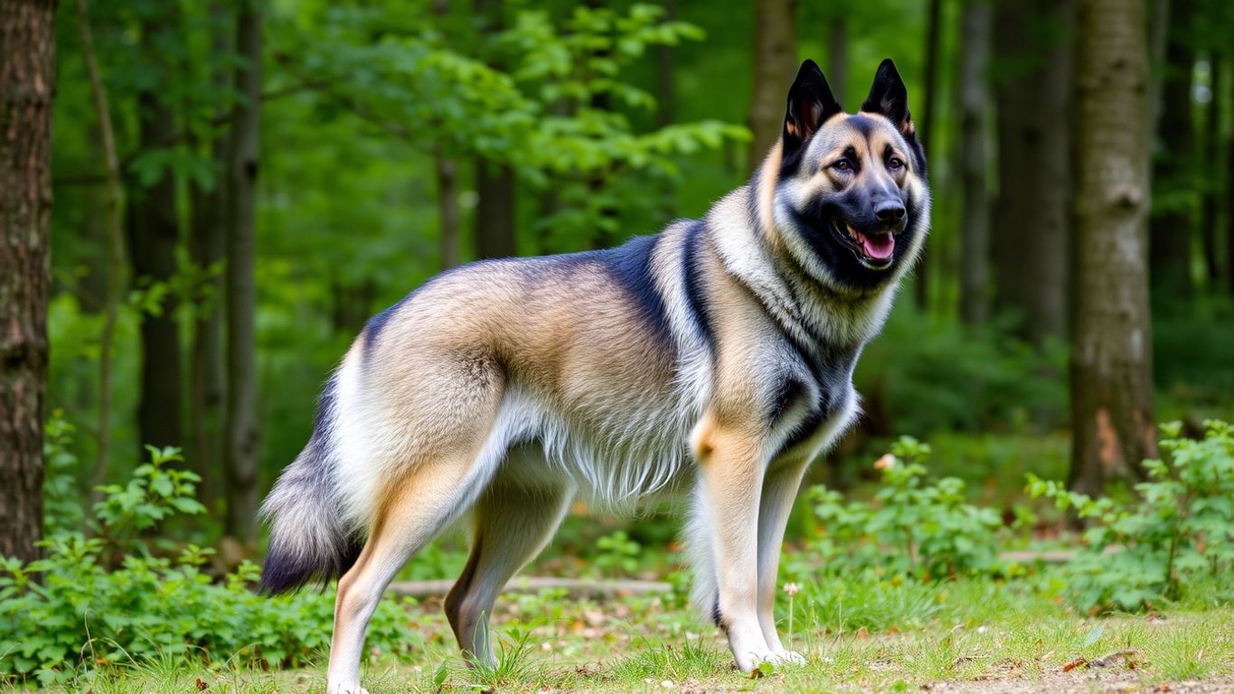 Norwegian Elkhound in a forest, showcasing its beauty.