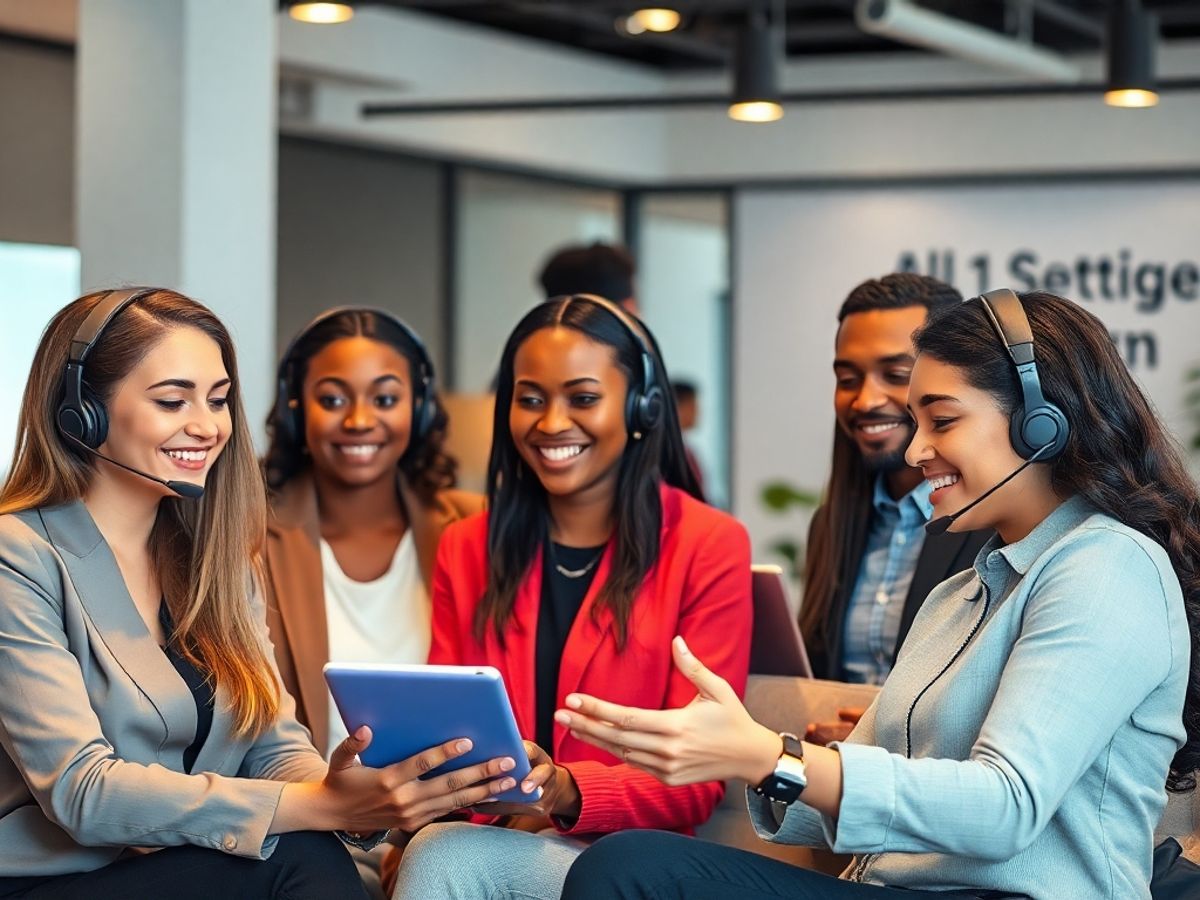 Diverse team collaborating with AI in a modern office.