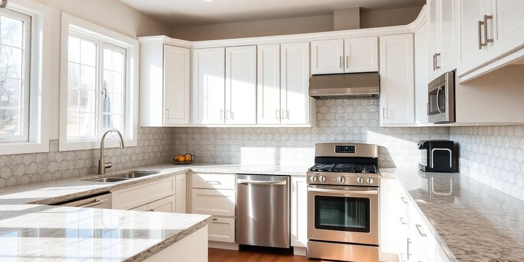 Modern kitchen remodel with granite countertops and new cabinets.
