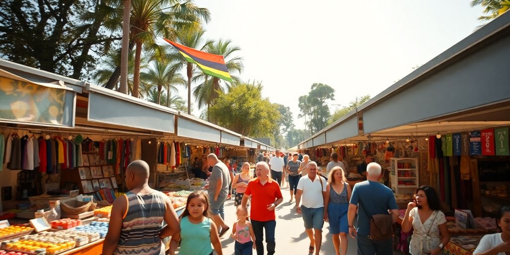 Colorful vendors, bustling crowds, sunlit market stalls, lively outdoor flea market.