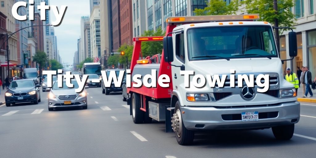 Tow truck assisting a car on a busy urban street.