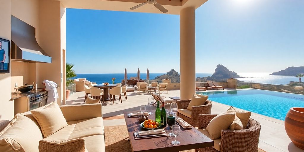 Luxury villa with chef preparing gourmet meal by pool.