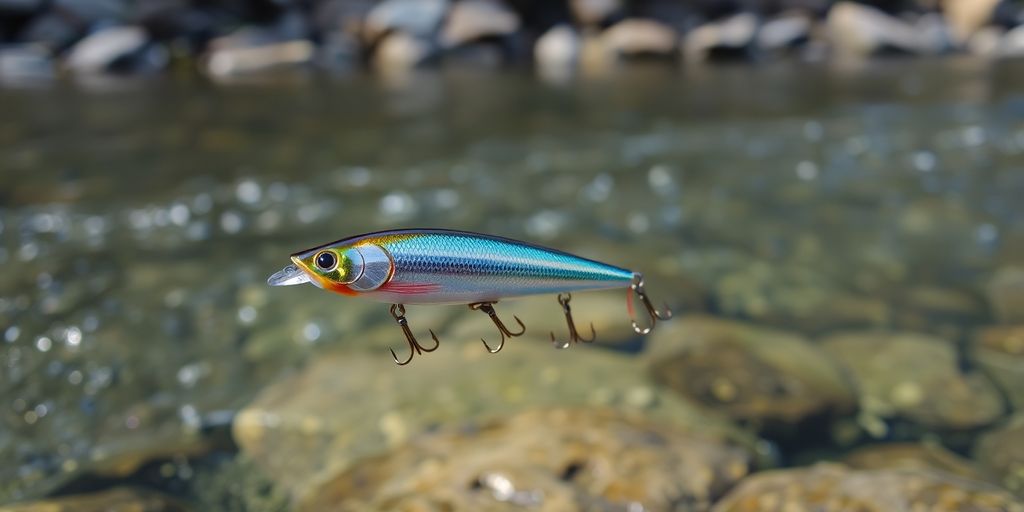 Ecogear ZX40 lure dangling in clear river water.