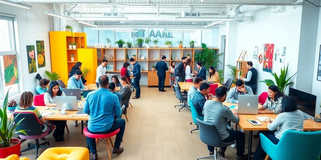 Diverse professionals collaborating in a vibrant startup workspace.