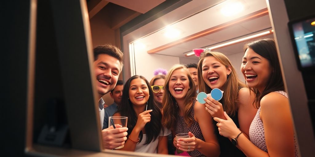 Personnes s'amusant avec une borne photo tactile.