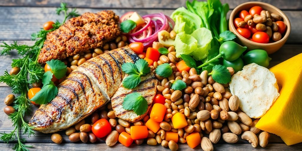 Mediterranean diet proteins: fish, legumes, vegetables, and nuts.