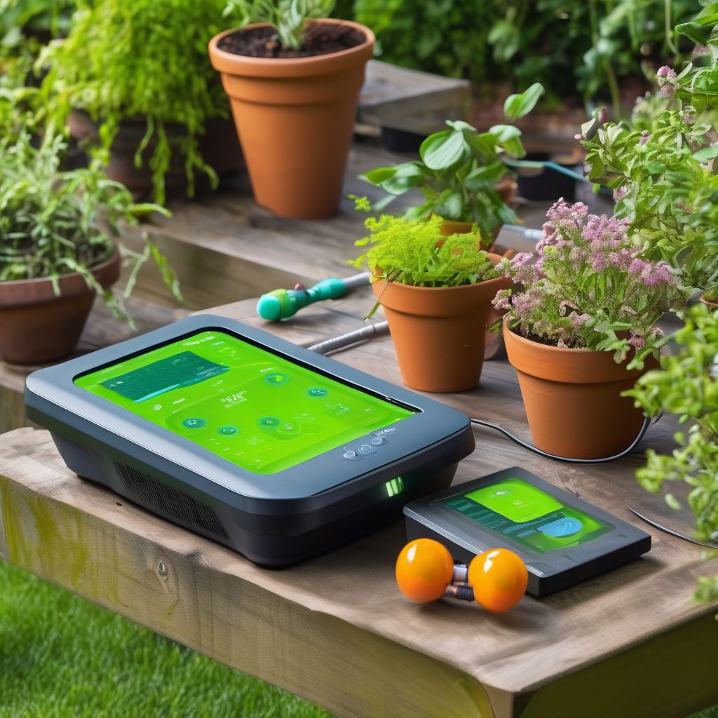 innovative garden gadgets with plant health monitors in a modern garden