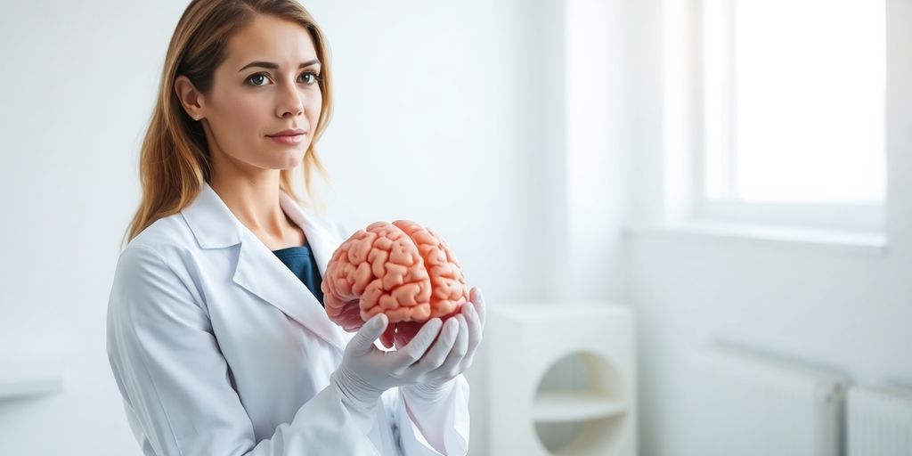 Neuropsychologist in lab coat holding detailed brain model in office