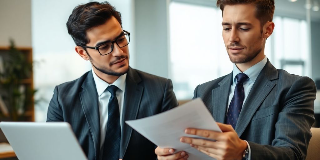 Lawyer consulting with a client about a legal case.