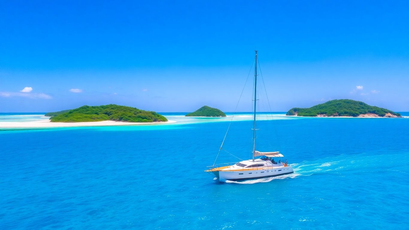 Sailboat on turquoise Caribbean water near tropical islands.