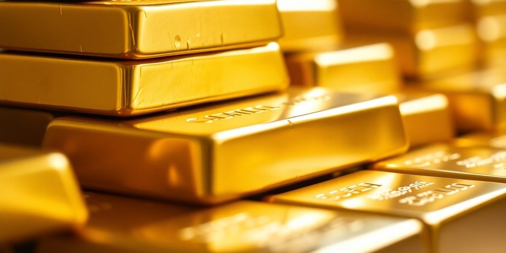 Lingots d'or empilés sur une surface brillante.