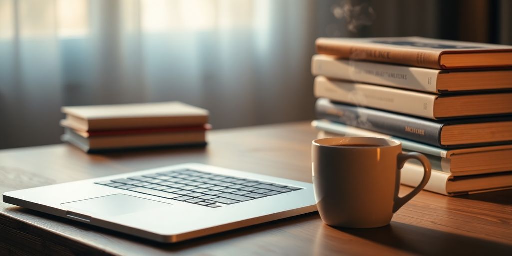 Laptop, books, and coffee cup on a desk.