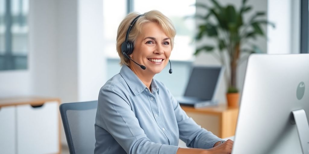 Senior woman helping customer on phone.