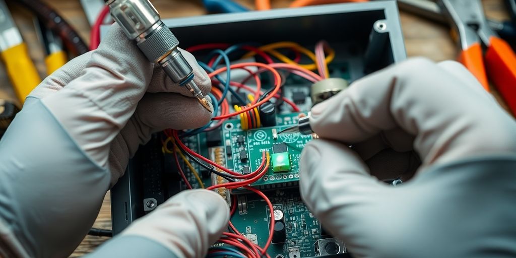 Technician working on electronic control system.
