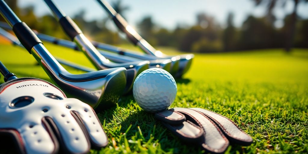 Golf clubs and balls arranged stylishly.