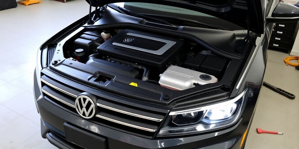 Volkswagen Tiguan with open hood and new engine parts.