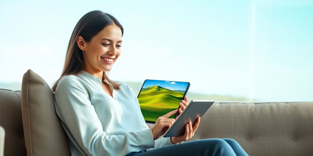 Donna sorridente guarda tablet con paesaggio collinare