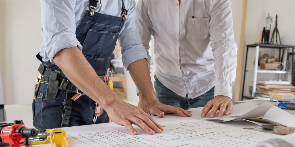 Contractor and homeowner discussing home repair plans.