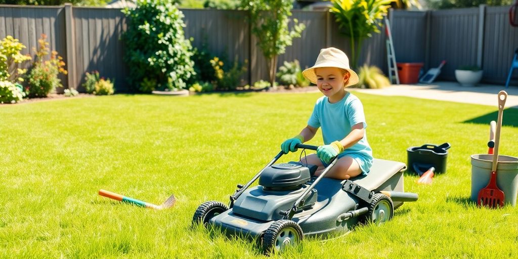 Teen mowing lawn, showcasing yard work for kids.