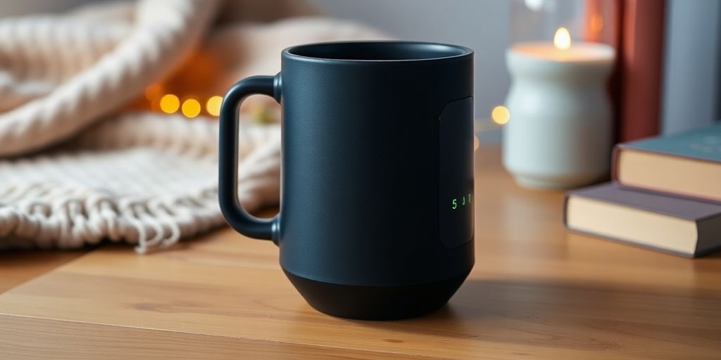 Modern Ember Mug 2 on a cozy wooden table.