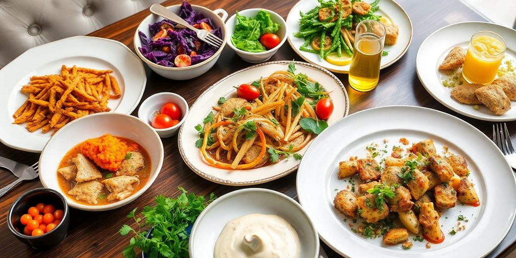 Gourmet meal with colorful dishes and elegant presentation.