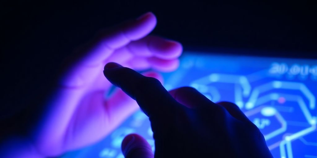 Human hand interacting with glowing AI interface.