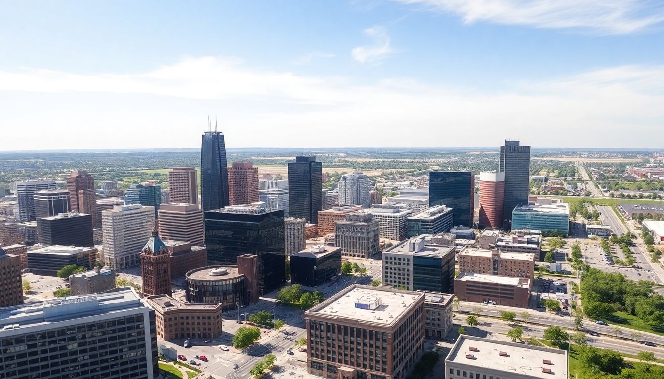 Aerial view of downtown Omaha, Nebraska, highlighting cityscape.